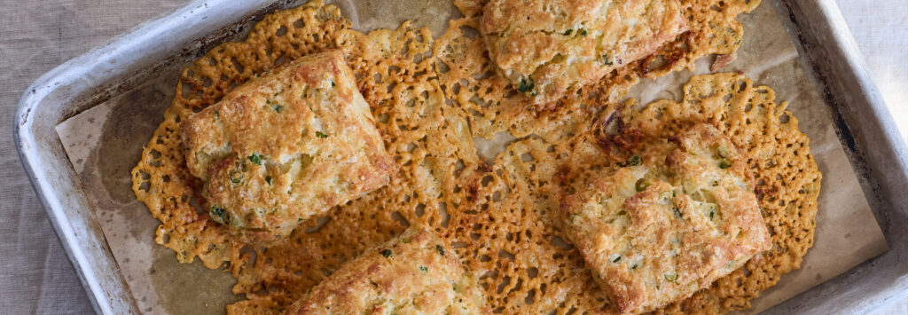 Overhead close-up of Megna's cheddar-scallion biscuits.
